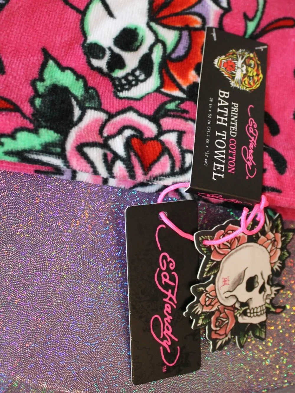 Ed Hardy Pink Tattoo Print Large Bath Towels NWT
